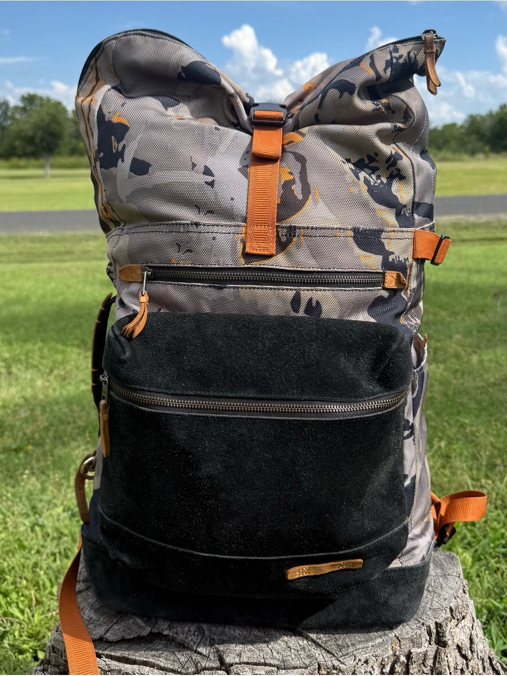 TUMI Dalston Roll Top orange, grey & black  Camouflage with Suede Front Pocket
